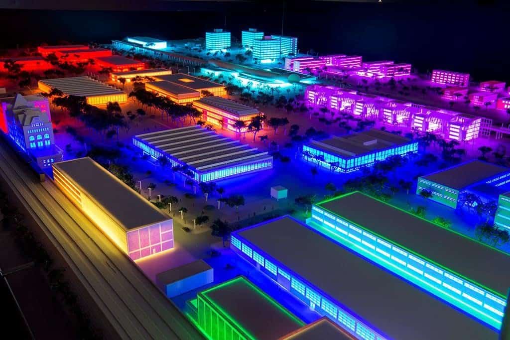 A model of the university campus at IIT which uses different colors to denote the different minigrids serving each part of the campus.