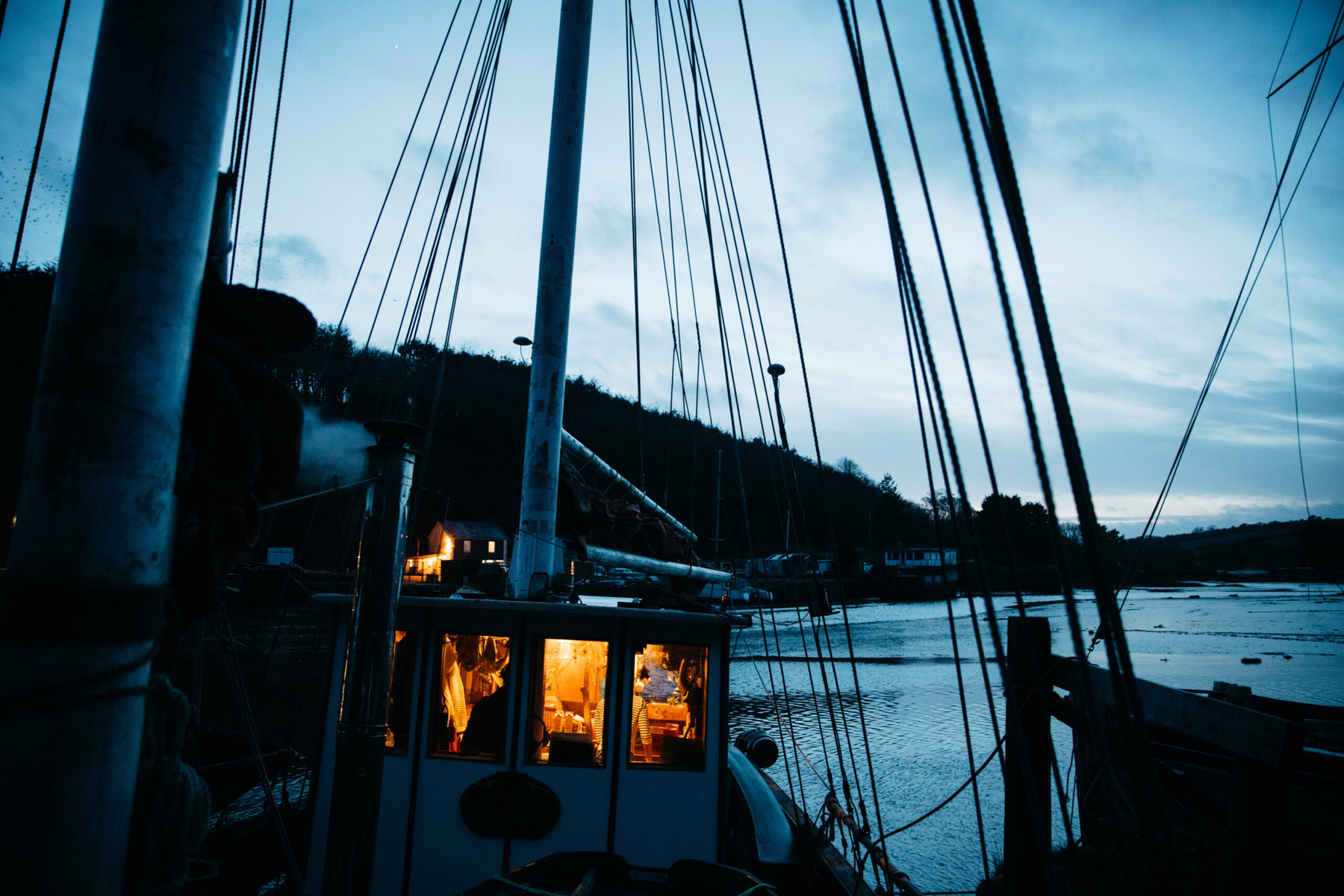 Sailing ship Annette at night