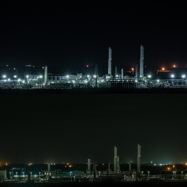 The Stateline Processing Plant before and after installing dark-sky friendly lighting.