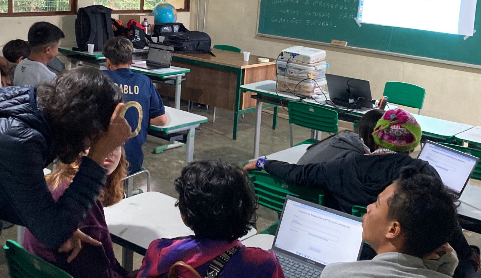 Students learning language skills in a classrom.