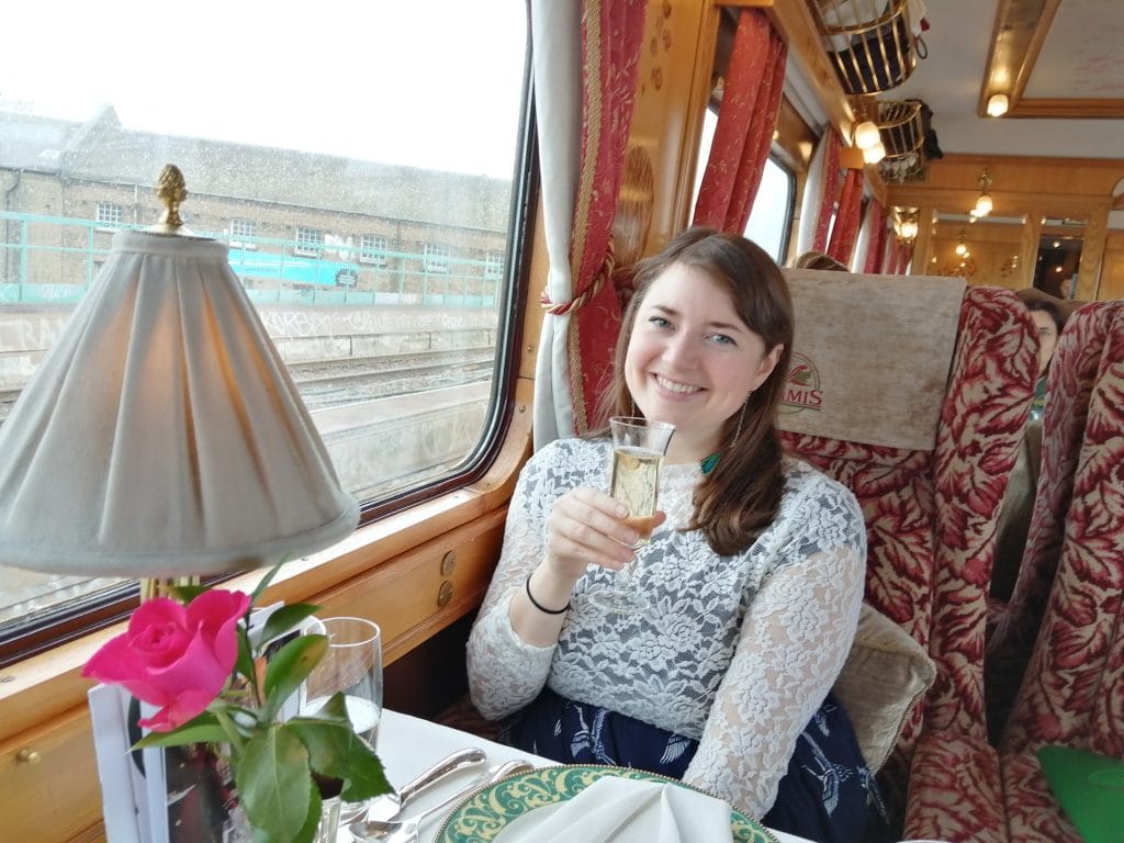 Helen on the Northern Belle train