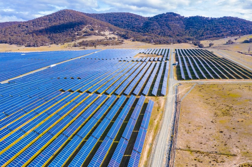 Aerial view of a large solar farm in Canberra