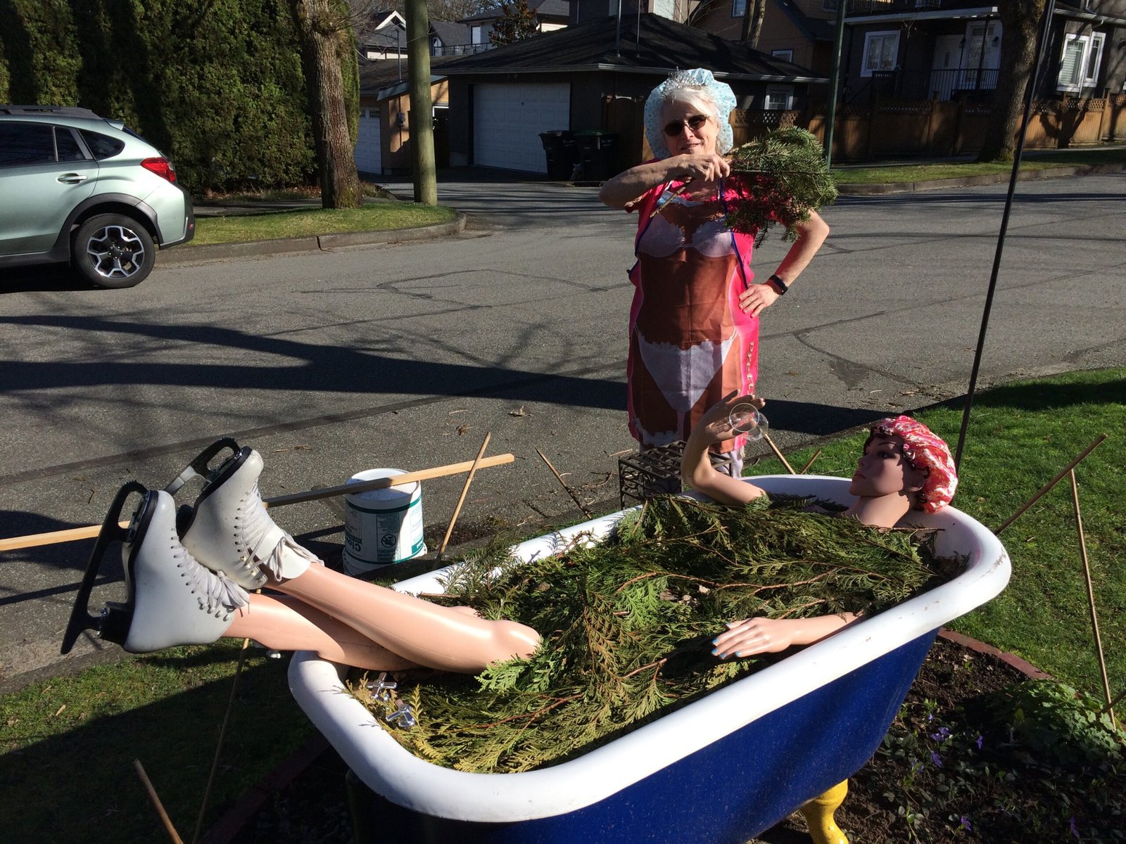 Schurman celebrates "forest bathing" by posing with a bath tub.