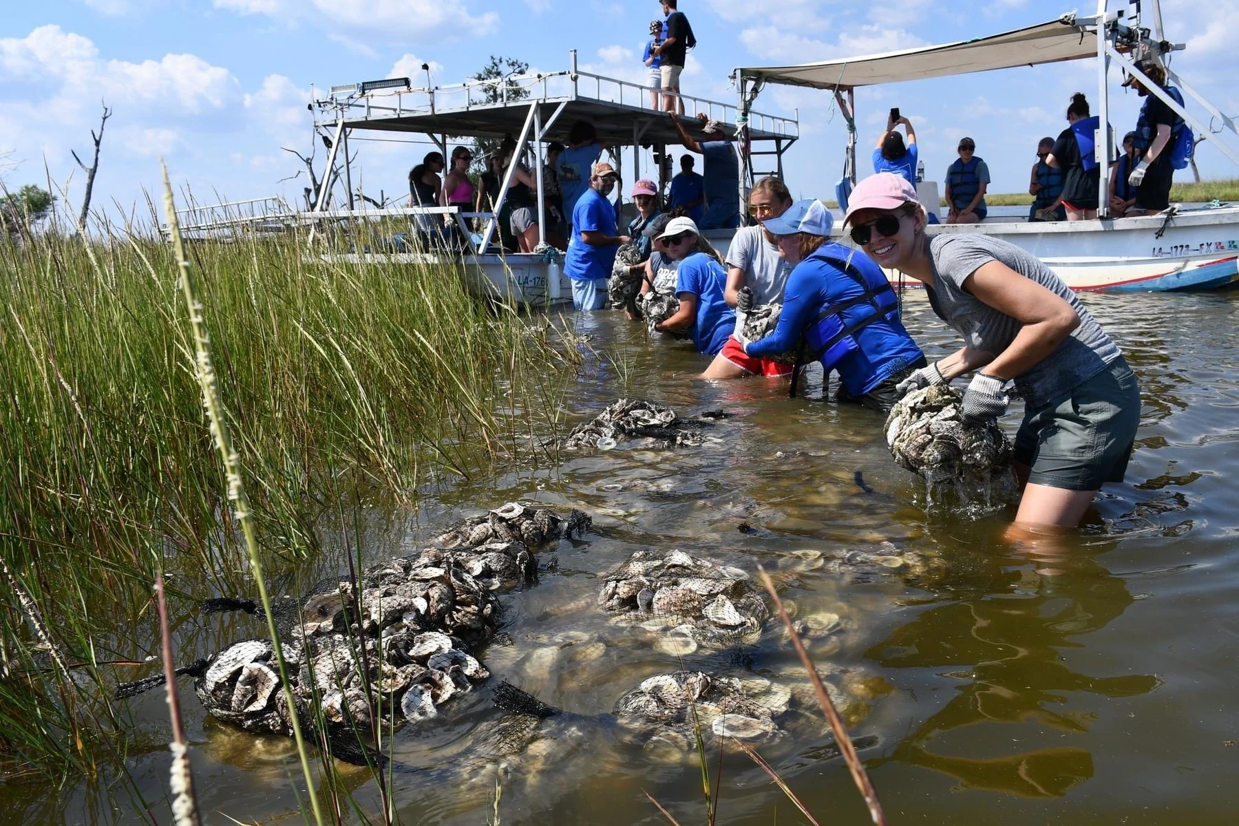 Volunteers help return oyster shells to the water.