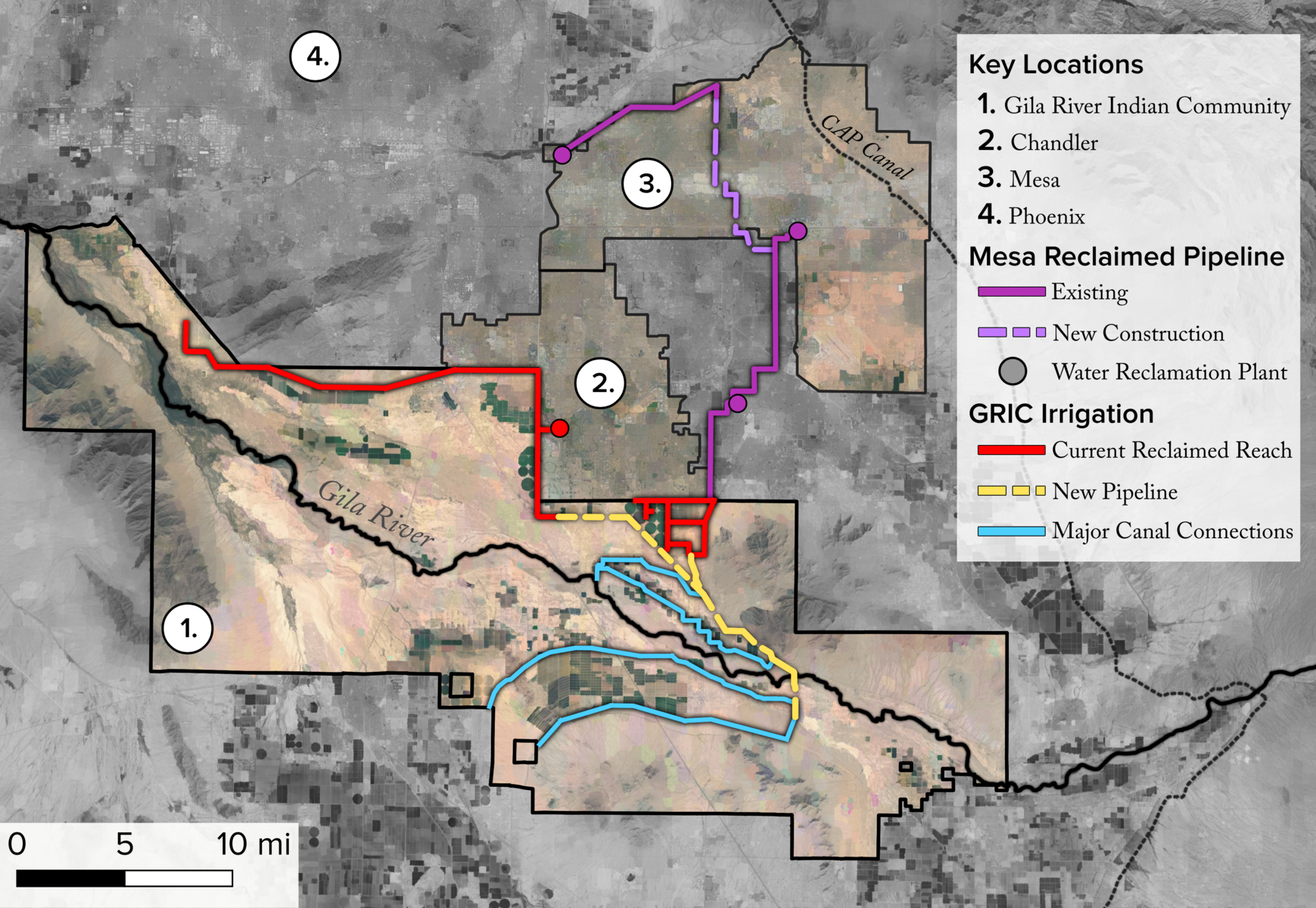 This map shows the current and future water exchanges between GRIC and Chandler and Mesa. 