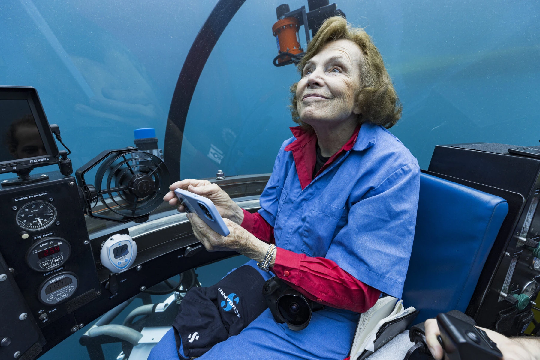 Sylvia Earle inside a submersible under water.