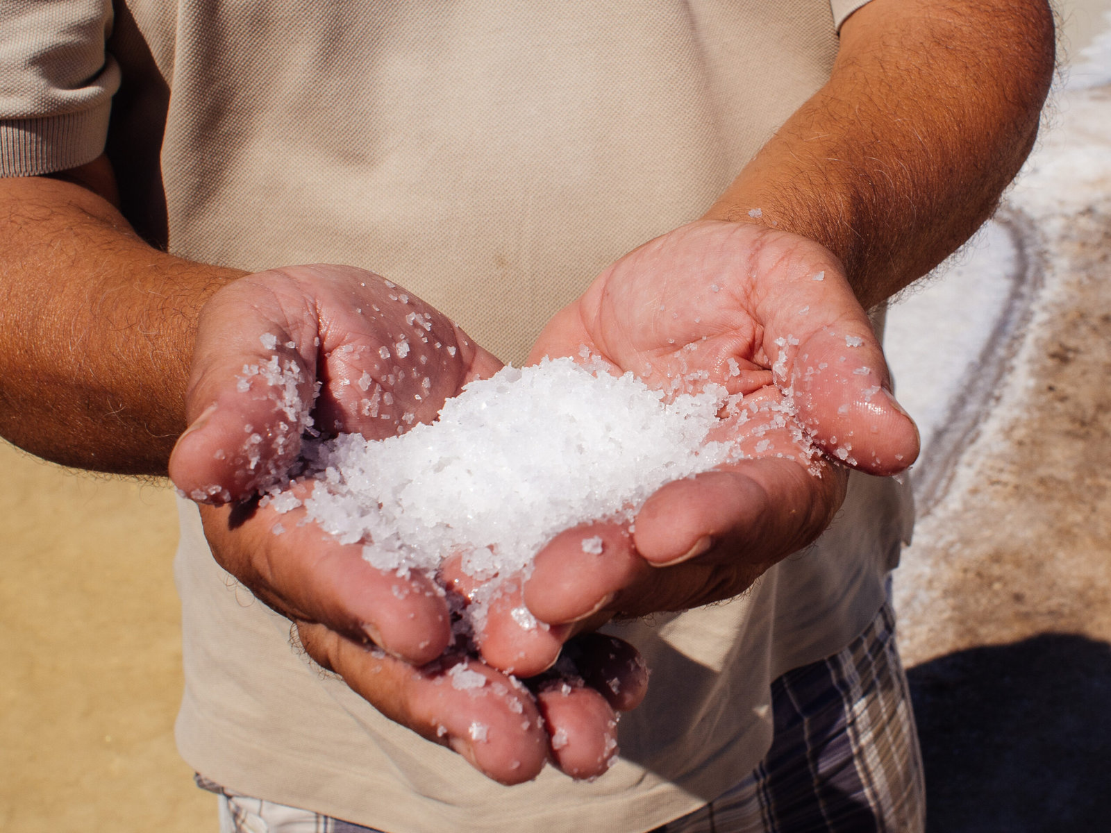 Hands hold lots of salt.