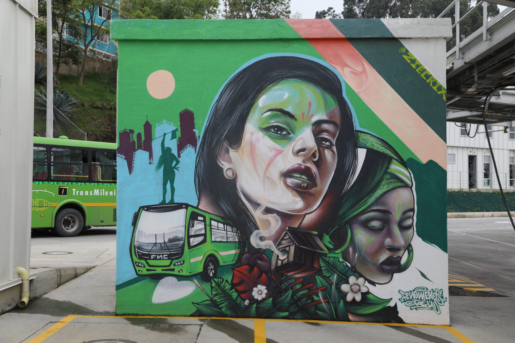 A mural showing women and buses.