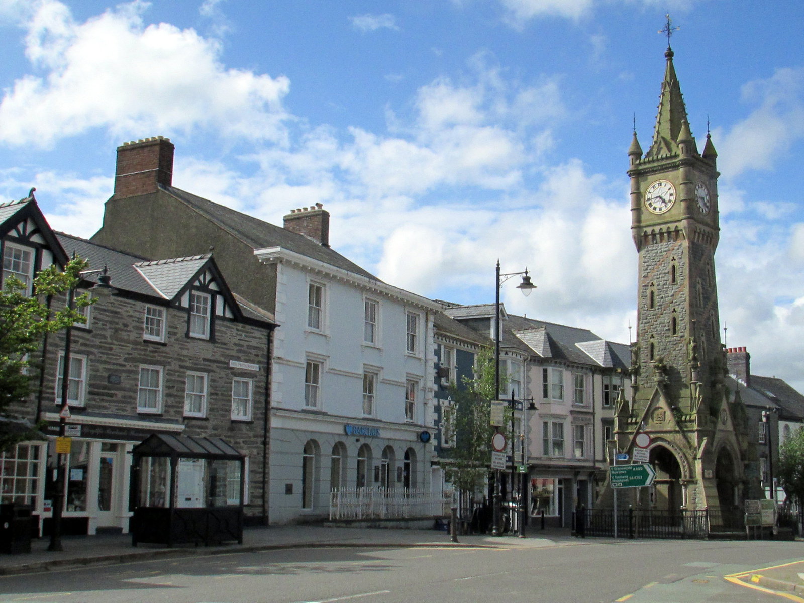 Buildings and a clocktower in Machynlleth, mid-Wales.