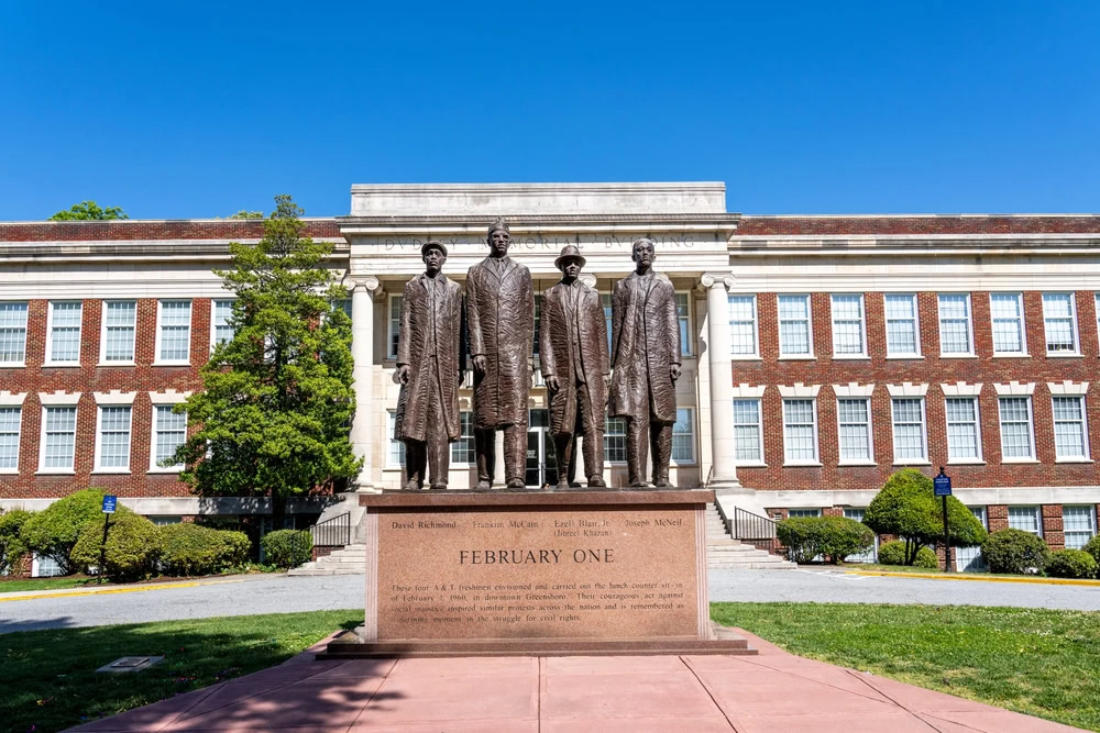 "February One," a sculpture by James Barnhill, a monument dedicated to the Greensboro Four.