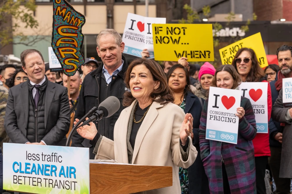 Governor Hochul, seen here speaking at a congestion pricing rally in December 2023, was once a vocal supporter of the plan.
