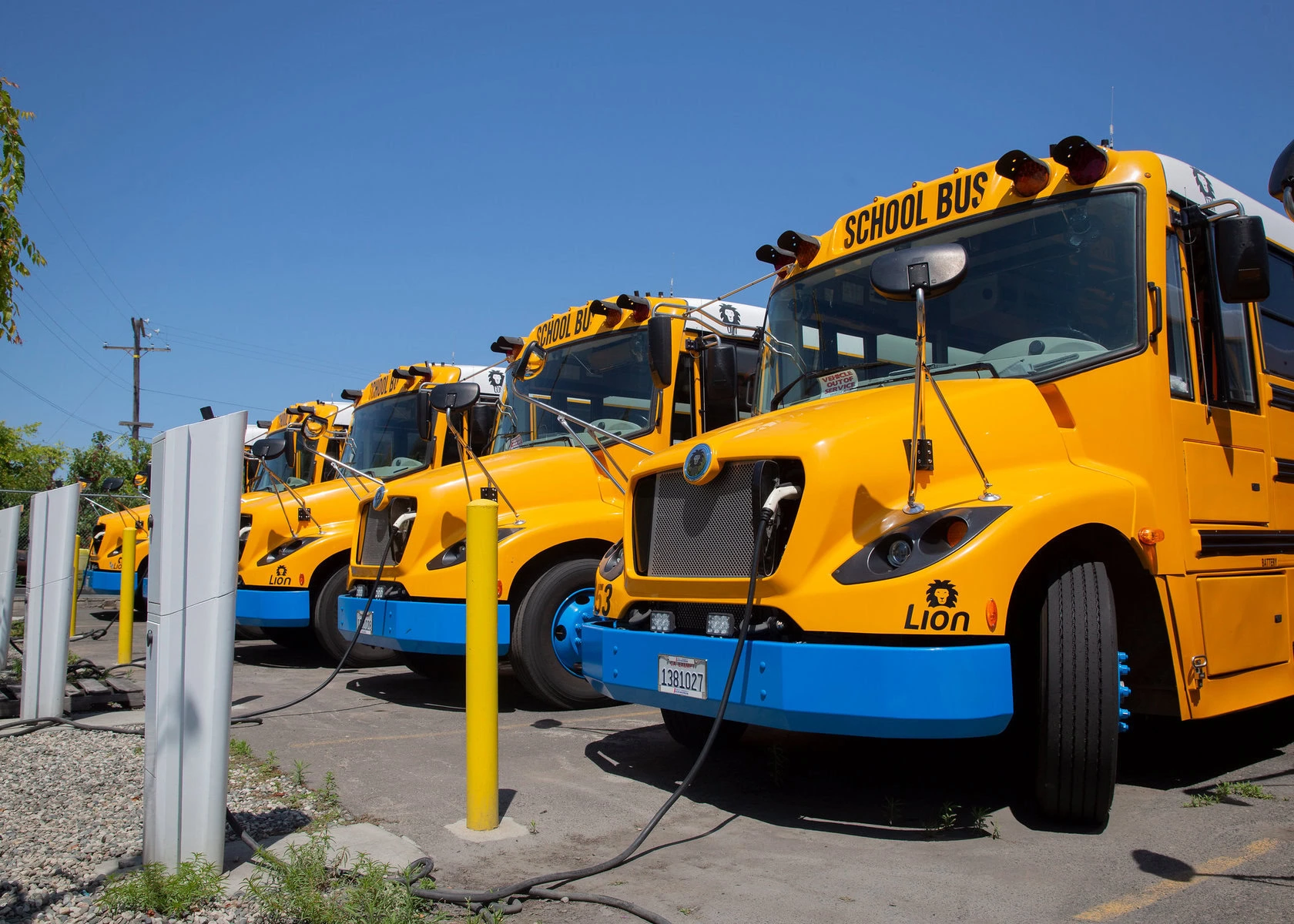 A row of electric buses charging in a parking lot.