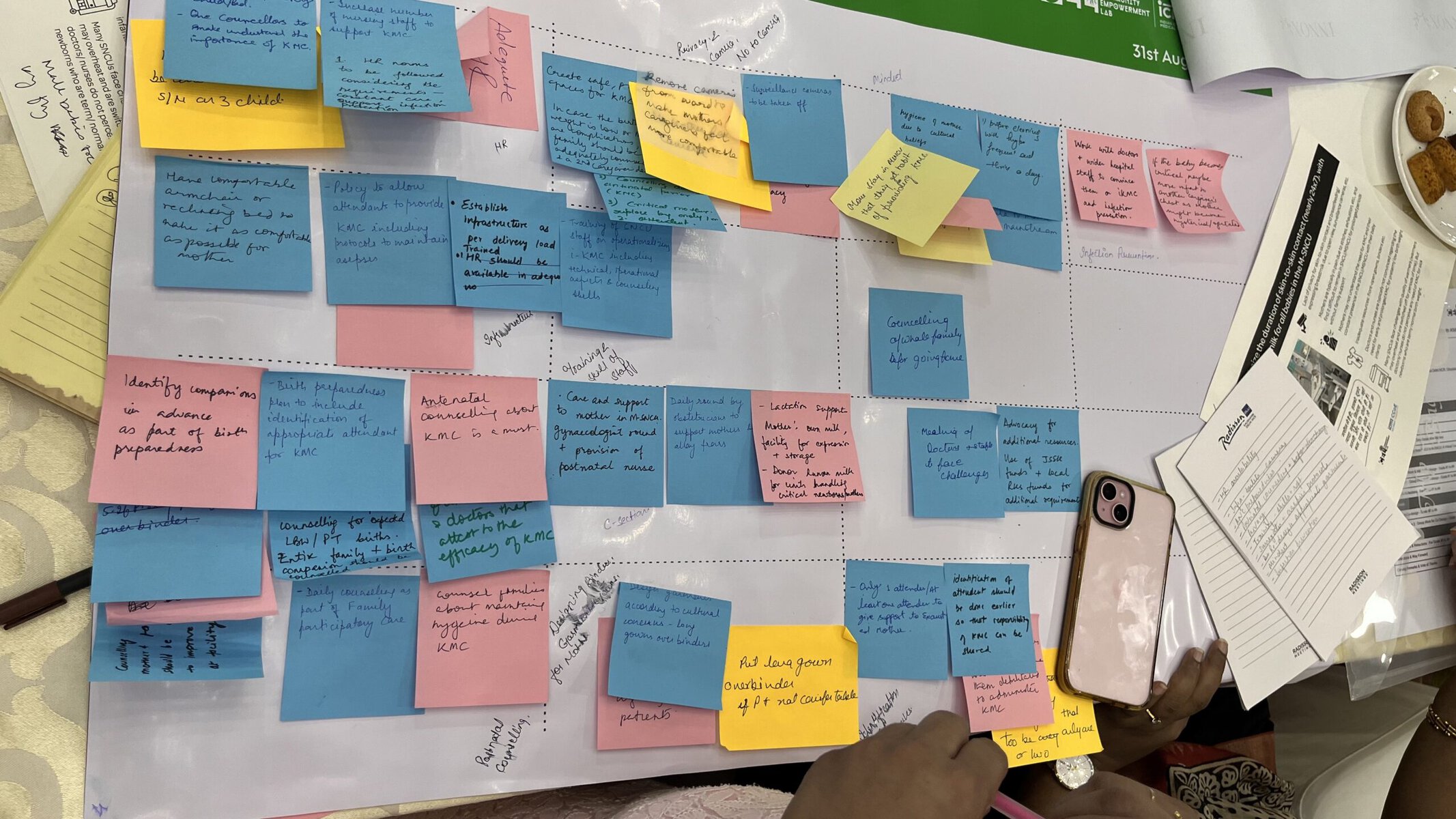 At a workshop in Delhi on how to design hospital spaces to support KMC, participants added suggestions to a board on colorful post-its.