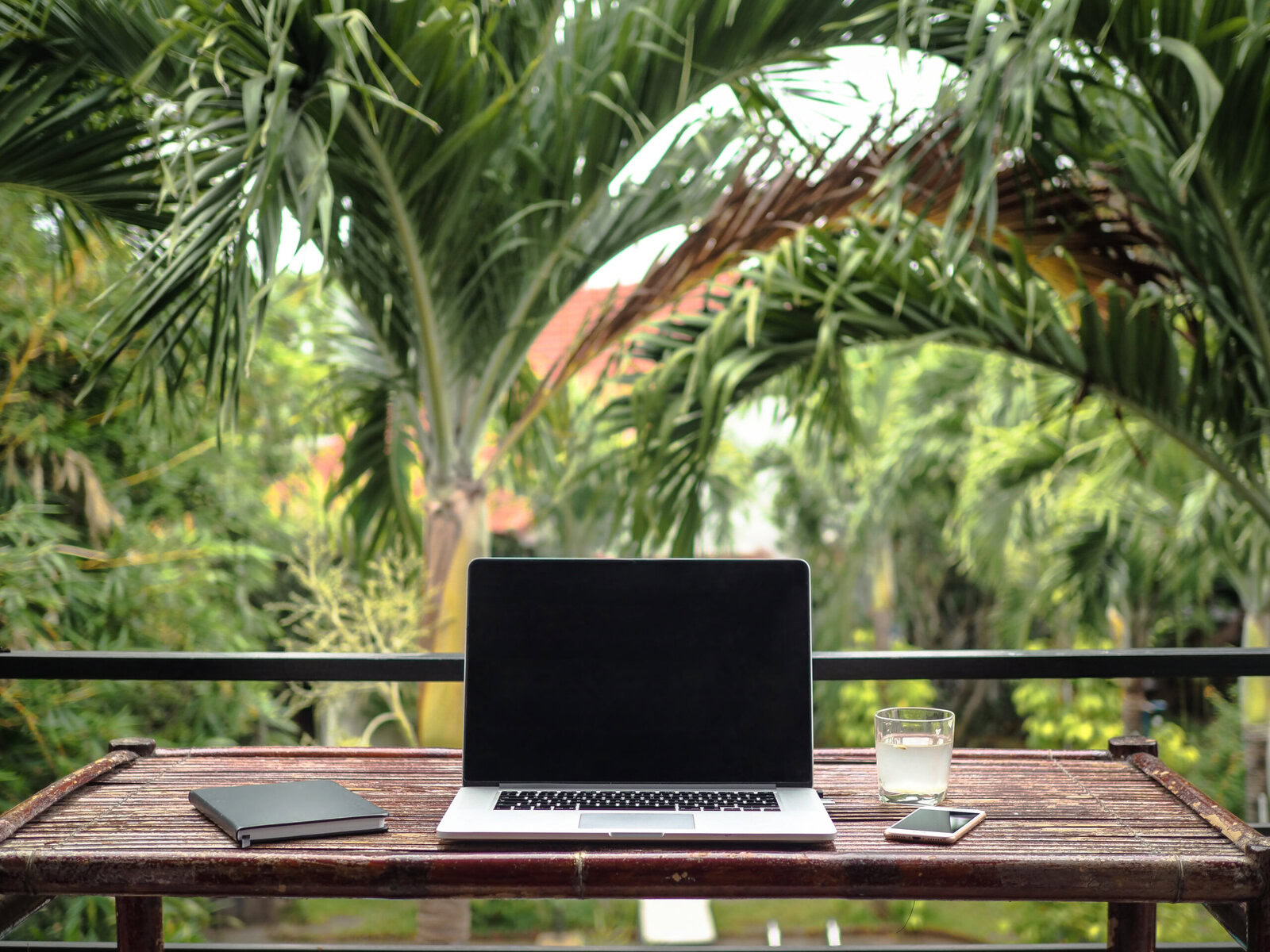 A laptop on a table with palm trees in the background.