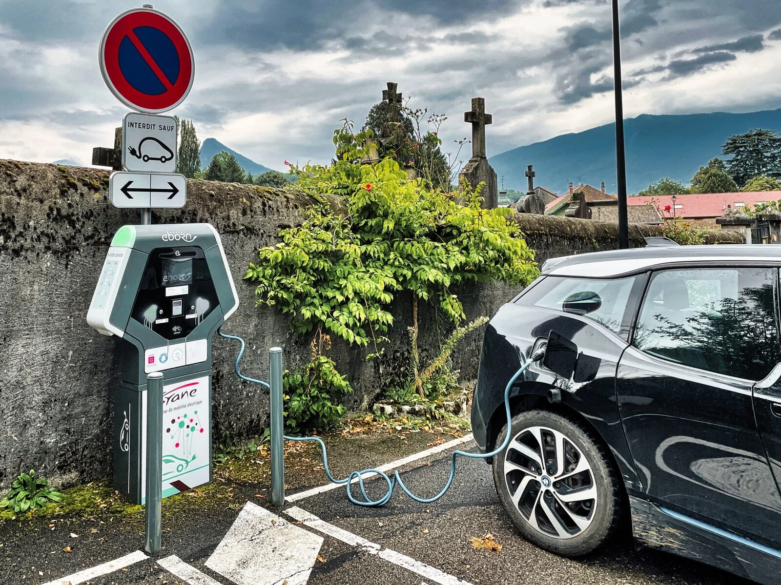 An electric car charging station in Menthon-Saint-Bernard, France. 