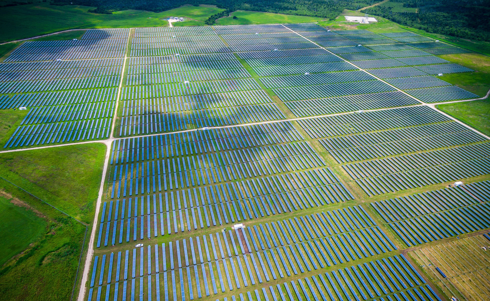 Aerial view of a solar farm in Webberville, Texas. 