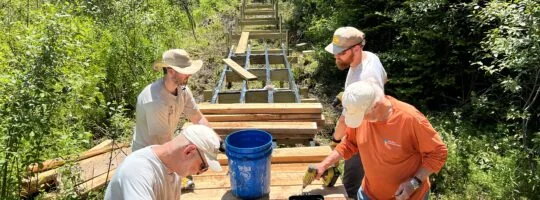 Volunteers work on a wooden trail.