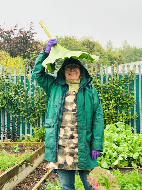 A woman holds a large leaf over her head in a garden.