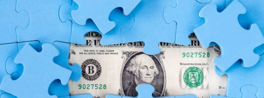 A US dollar hidden behind blue puzzle pieces.