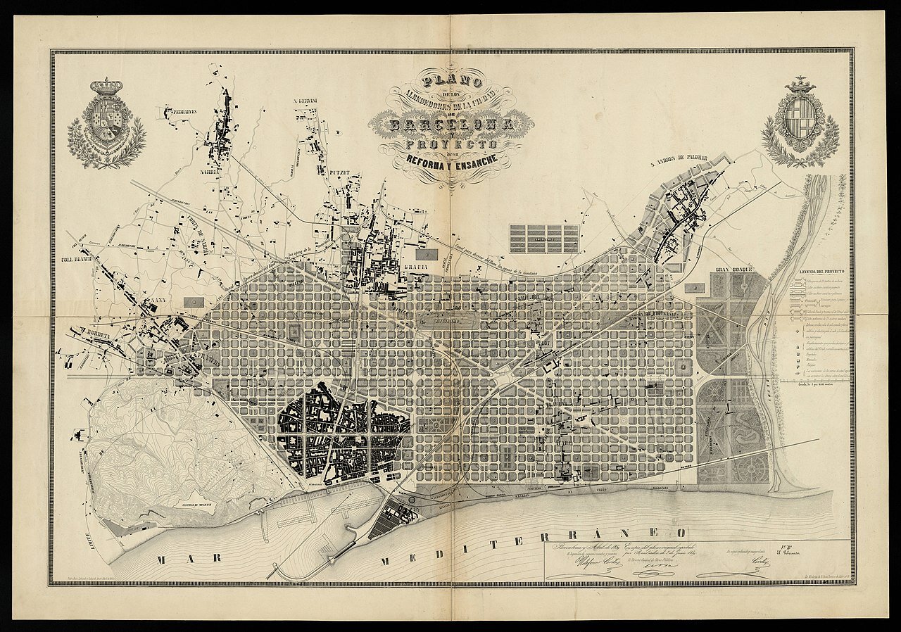 A map showing planned improvement and expansion of Barcelona by Ildefons Cerdà, 1859.