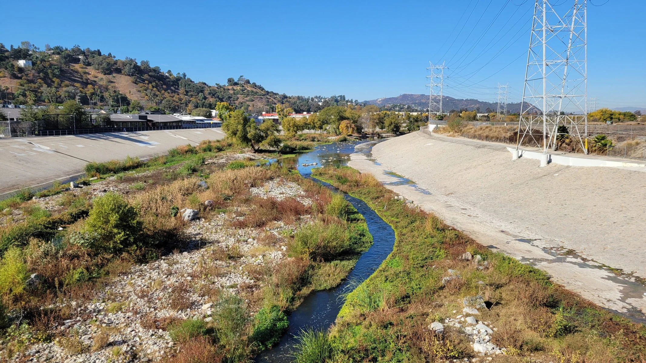 A view of the Los Angeles River from the Taylor Yard Bridge. 