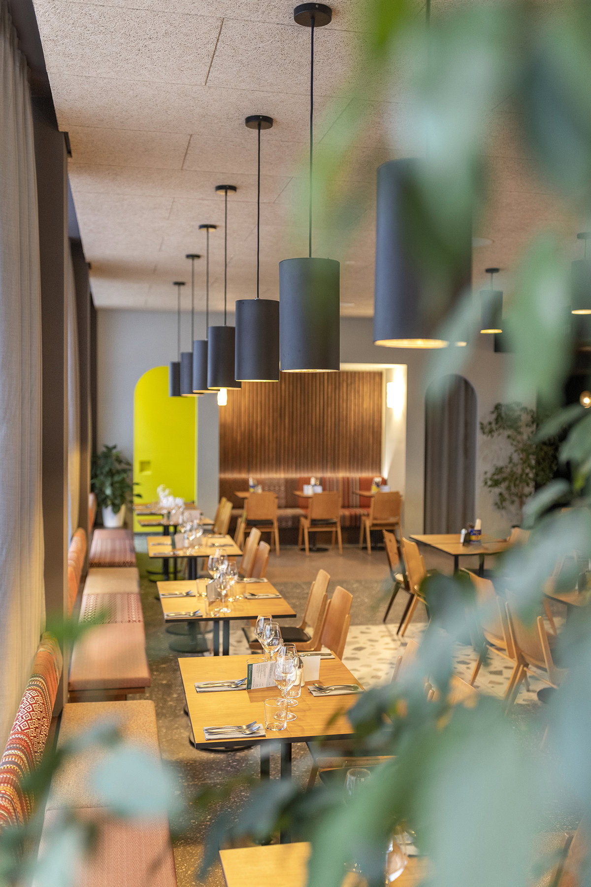 A view of an empty restaurant with a plant in the foreground.