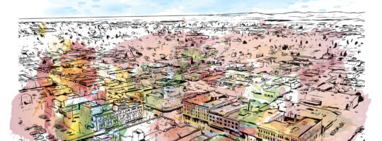 A drawing of Great Falls, Montana, with an overlay of watercolors.