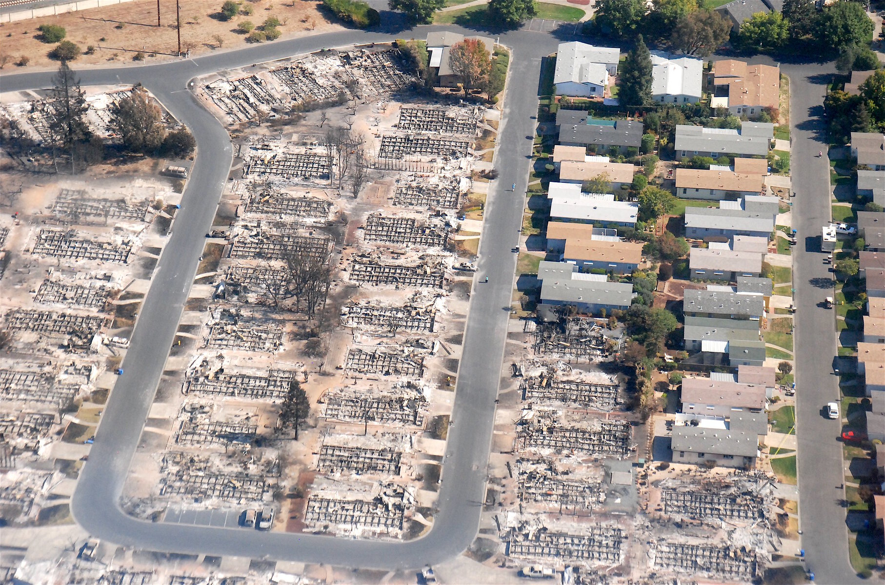 An aerial view of the homes burnt to the ground by the wildfires in Santa Rosa, California.