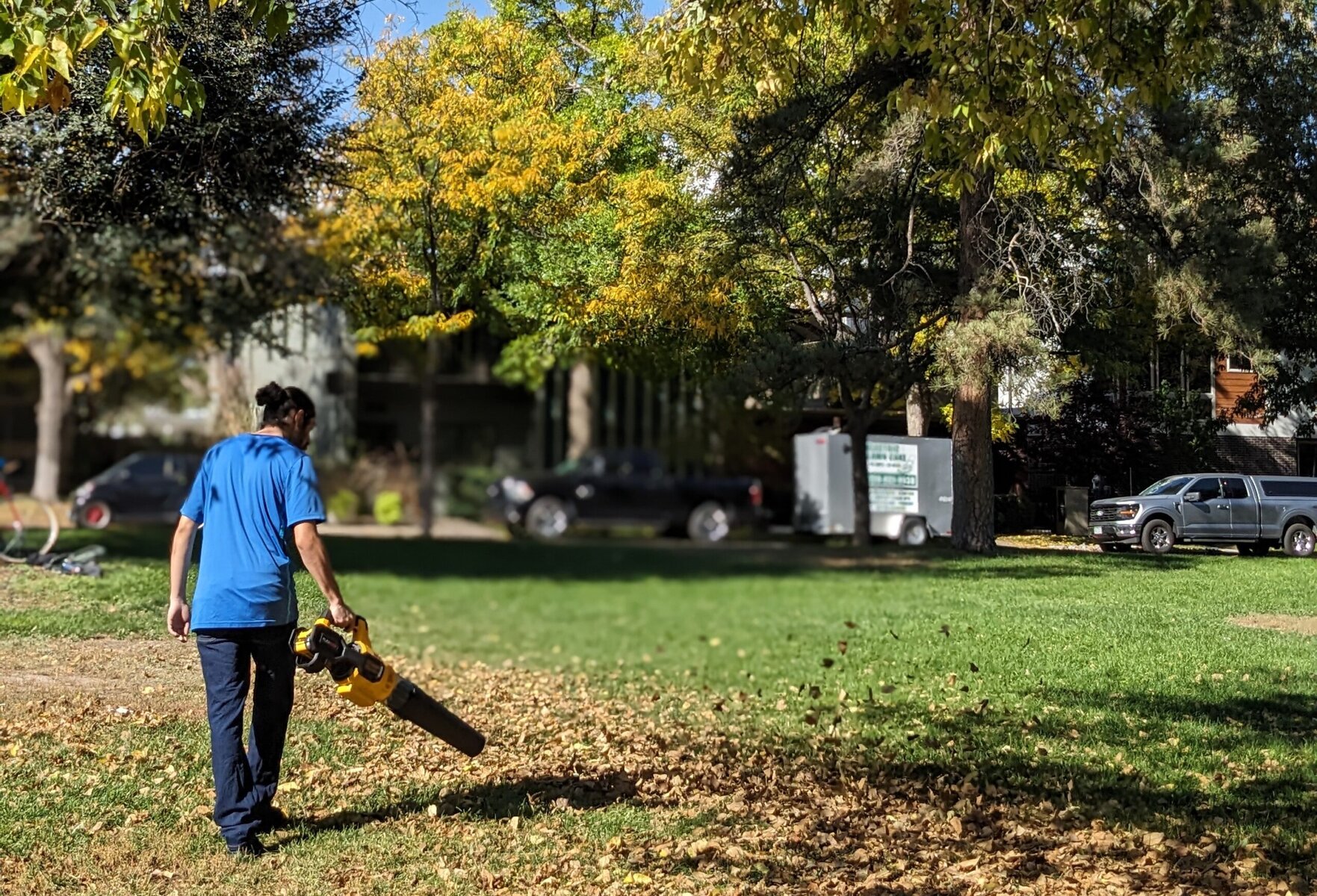 A man uses an electric leaf blower to blow leaves in a park.